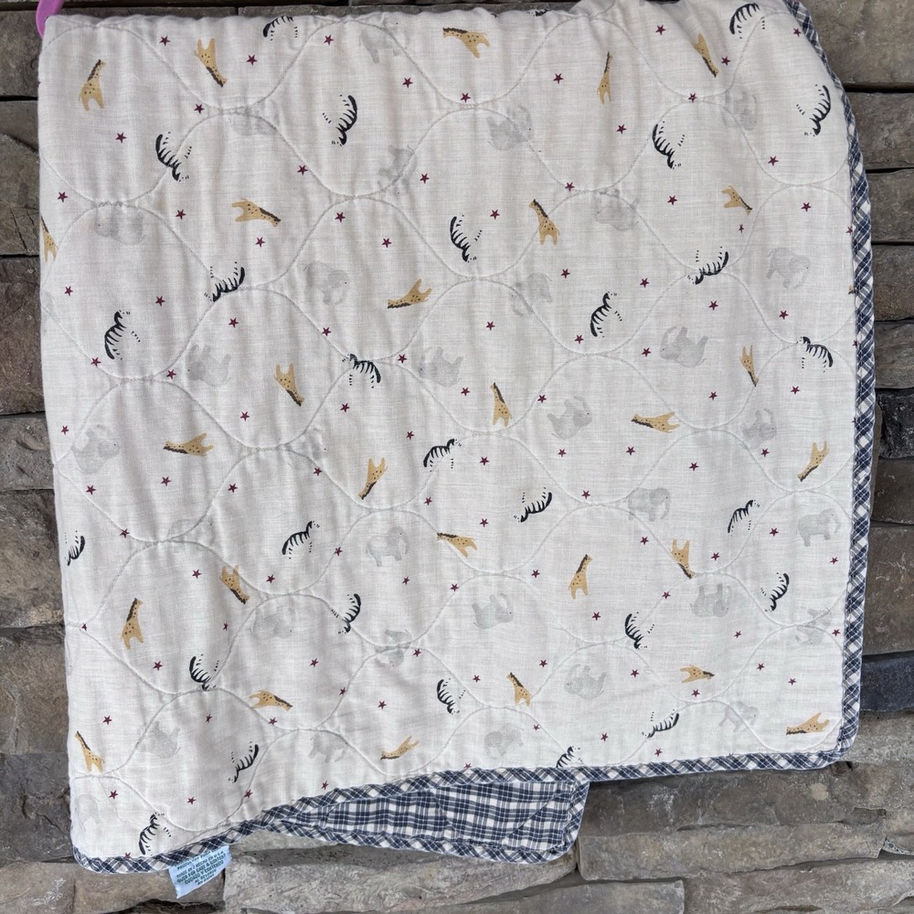 Lambs Ivy Vintage Animal Baby Blanket Zebra Giraffe Plaid Tan Black White